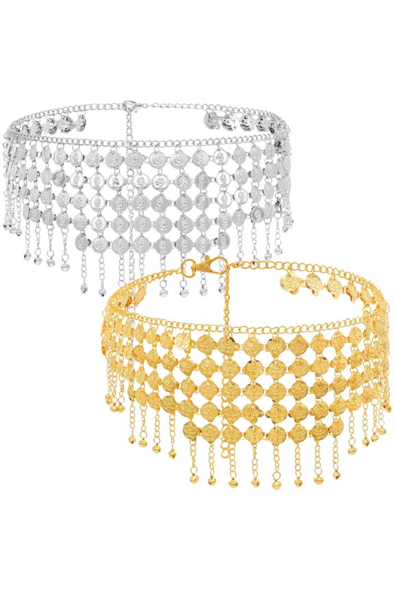 2 Pcs Dance Hip Scarf Belt, Alloy Coin Tassel Waist Chain, Gold and Silver, Multi-layer Chain Design, Adjustable 75 cm to 110 cm/29.53 in to 43.3 in Length, Dynamic Metal Disc Ornament