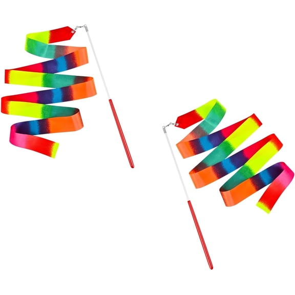 2 Pcs Dance Ribbons, Rainbow Ribbon, Rainbow Twirler Stick, 78.7Inch Rhythmic Gymnastics Ribbon, Ribbon Dancer Wand for Kids, Adults, Fits Artistic Dancing Gymnastics, Outdoor Play
