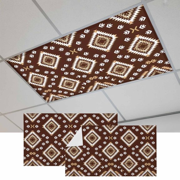 2 Pcs Dark Brown Rectangle Fluorescent Light Covers Tribal Retro Classic Geometric Abstract Magnetic Light Covers for Ceiling Lights 4 x 2 ft Drop Ceiling Lights Cover Shade for Office, Home,