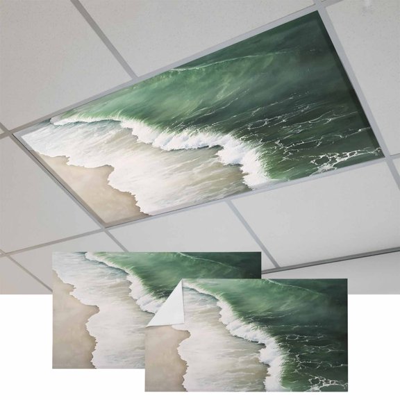 2 Pcs Dark Green Fluorescent Light Covers Ocean Wave Beach Scenery Modern Art Magnetic Light Covers for Ceiling Lights 4 x 2 ft Drop Ceiling Lights Cover Shade for Office, Home, Hospital