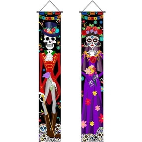 2 Pcs Day of The Dead Decorations Porch Sign Door Banner, Dia De Los Muertos Decor Halloween Welcome Hanging Door Flag Indoor Outdoor Decor