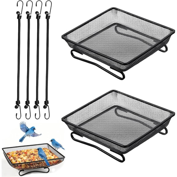 2 Pcs Deck Railing Bird Feeder Tray for Balcony 7 x 7 x 2 Inch Compact Platform Bird Seed Tray with 4 Fixed Elastic Rope for Bird Feeders, Great Garden Yard Dec for Wild Birds Squirrels Dove