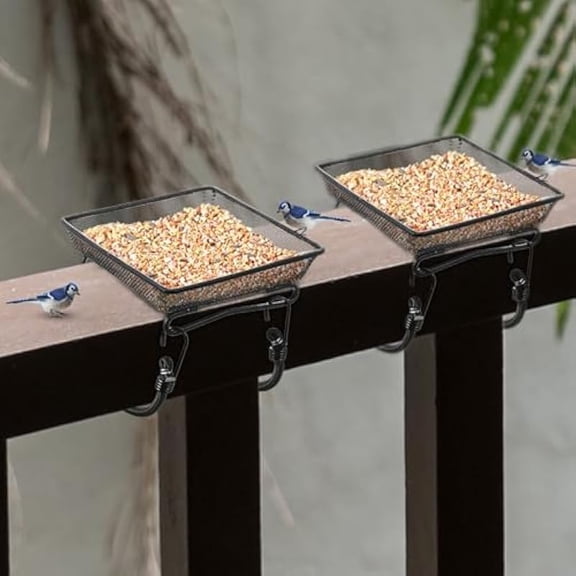 2 Pcs Deck Railing Bird Feeder Tray, Outdoor Balcony Bird Feeder 6.9 x 6.9 x 2.4 Inch, Metal Platform Mesh Tray with 4 Fixed Elastic Rope for Patio Backyard