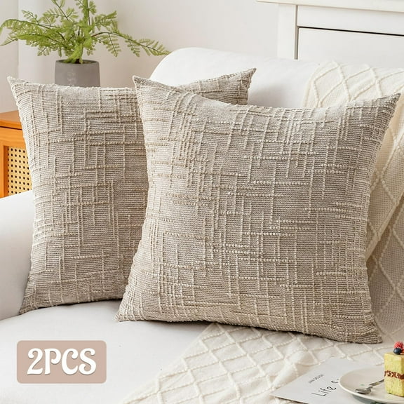 2 Pcs Decorative Couch Chenille Throw Pillow Covers 18x18 in, Soft Solid Khaki Pillowcase for Farmhouse Living Room Bedroom Sofa
