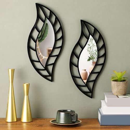 2 Pcs Decorative Mirror Wall Decor Leaf Teardrop Mirror Wall Mounted Decorations for Living Room Bedroom Bathroom Vanity Entryway Office(Black)