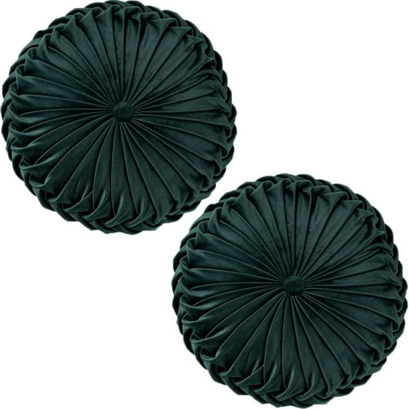 2 Pcs Decorative Round Pleated Throw Pillows, Classy Accent Pumpkin Throw Pillows with Center Button, Vintage Velvet Floor Pillows for Sofa Couch Vanity Chair Bed,Dark Green 15In
