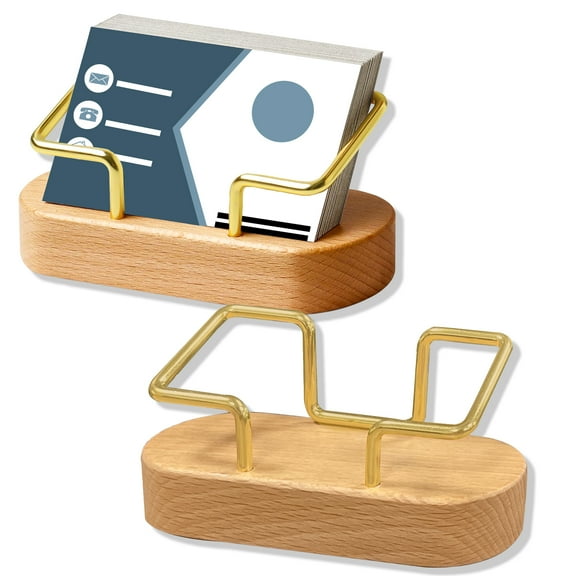2 Pcs Desk Brass & Wood Business Card Holder, Oval Natural Beech Wooden Business Card Stand, Office Desktop Business Card Display Organizer for Index Name Gift Card Storage Conference