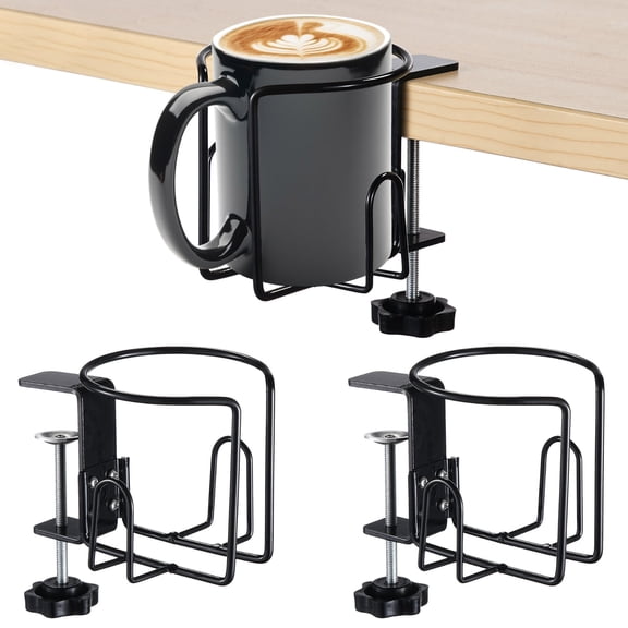 2 Pack Clamp-On Desk Cup Holders Adjustable Anti-Spill Drink Mounts for Tables, Desks & Wheelchairs, Fits Mugs, Cans & Bottles Up to 3.15", Horizontal or Vertical Mounting