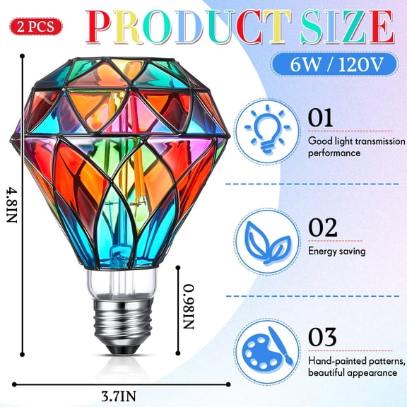 2 Pcs Diamond Shape Stained Glass LED Bulbs E26 Base 6W Colorful Flickering Light for Christmas Home Garden Party Decoration