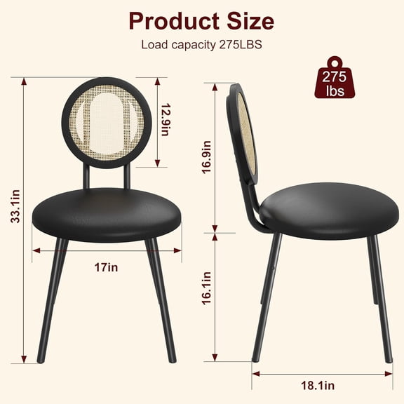 2 Pcs Dining Chairs with Woven Back and Cushioned Seat – Stackable Design for Indoor Dining or Kitchen Use, Black