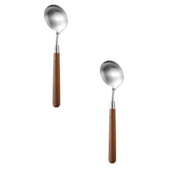 2 Pcs Dinner Round Spoon, Stainless Steel Round Spoon with Round Wooden Effect Handle, Forks Silverware Set for Home Kitchen Restaurant Hotel, 7.24 Inch, Round spoon