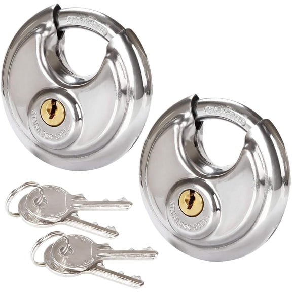 2 Pcs Discus Locks Stainless Steel Round Padlock Heavy Duty Rustproof Disc Padlock, disc Lock for Storage Unit by, 2-3/4 in. Wide (Keyed Different)
