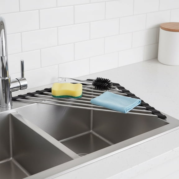 2 Pcs Dish Drying Rack, Stainless Steel Triangle Roll-Up Kitchen Sink Organizer, Space-Saving Corner Dish Draining Shelf for Utensils, Sponge(Black)