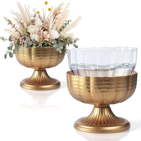 2 Pcs Distressed Vintage Gold Compote Vase for Centerpieces Compote Bowl 8'' Wide Vintage Decorative Antique Urn Planter Vase for Wedding Event Anniversary Party Indoor Outdoor Activity