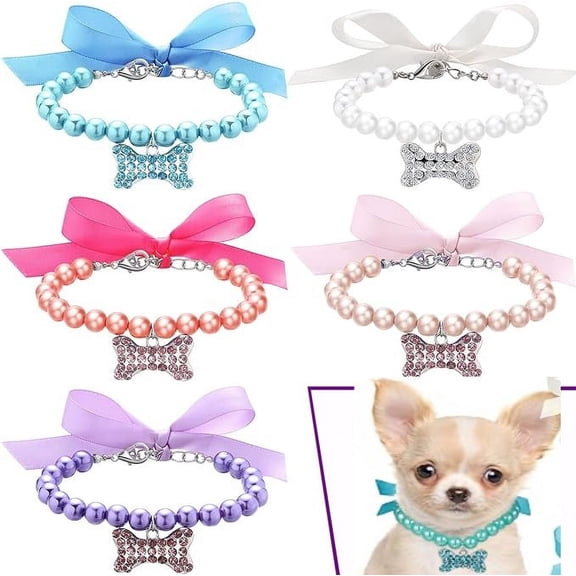 2 Pcs Dog Cat Pearl Collar Necklace with Rhinestone Bone, Shiney Fancy Cat Wedding Collar Jewelry for Cat Puppy Dogs Pet Various Color Set