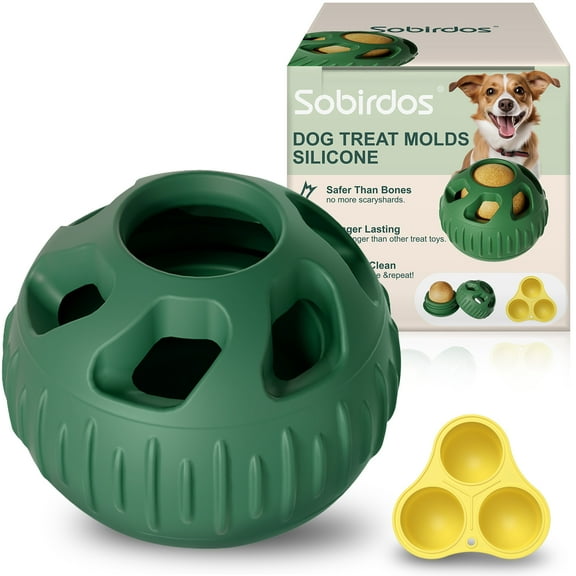 2 Pcs Dog Chew Toys with Silicone Mold - Freezable Fillable Balls for Puppies & Small Dogs, DIY Frozen Dog Food Snack Maker (Green Balls + Yellow Molds)