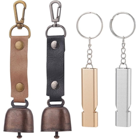 2 Pcs Dog Collar Bells with 2 Pcs Double Frequency Whistles Pet Bells Tracker Noise Maker Pendant with PU Leather Strap for Dog Cat Pet Cow Farm Emergency Survival