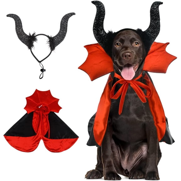 2 Pcs Dog Halloween Costume Set Cat Witch Vampire Cape Devil Horns Hat Holiday Clothes for Cat Puppy Halloween Party Pet Outfits M