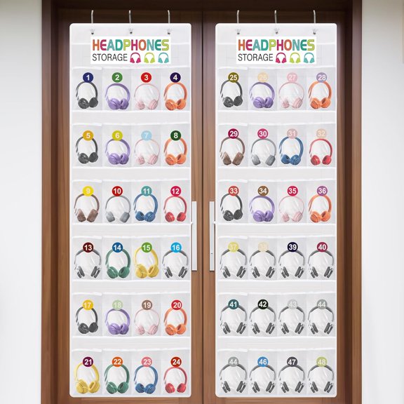 2 Pcs Over The Door Hanging Classroom Headphone Storage Organizer 48 PVC Clear Organizer Holder Pockets with Hooks and Stickers Hanging Headphone Storage Bag for Classroom Library Office