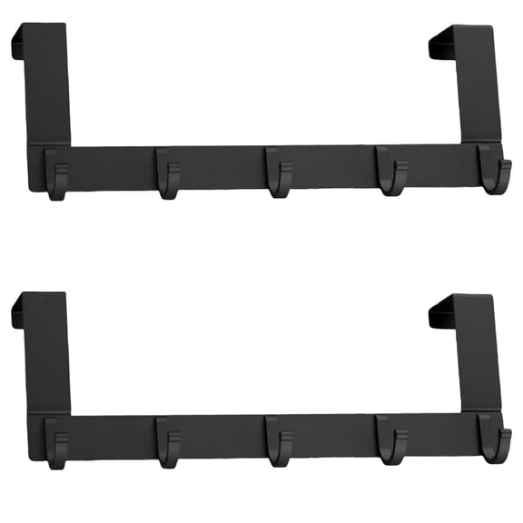 2 Pcs Over The Door Hook Rack, 5 Hooks Sturdy Metal Over The Door Hanger, No Drilling Needed Over The Door Towel Rack, 12.6 in Matte Black Hook Rack for Coats, Hats, Towels