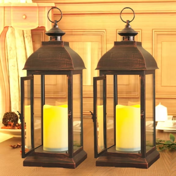 2 Pcs The Door-openable 15"H Decorative Lantern with Flame-less LED Timer Candle Light, Glass Window and Plastic Bronze Undertones. Powered by 2*C Batteries (EXCL.)
