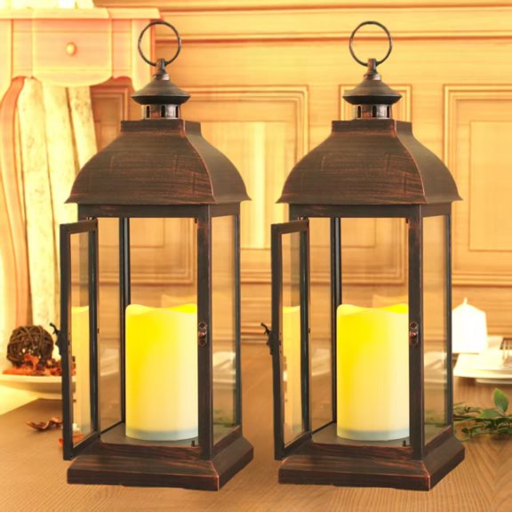 2 Pcs The Door-openable 15"H Decorative Lantern with Flame-less LED Timer Candle Light, Glass Window and Plastic Bronze Undertones. Powered by 2*C Batteries (EXCL.)