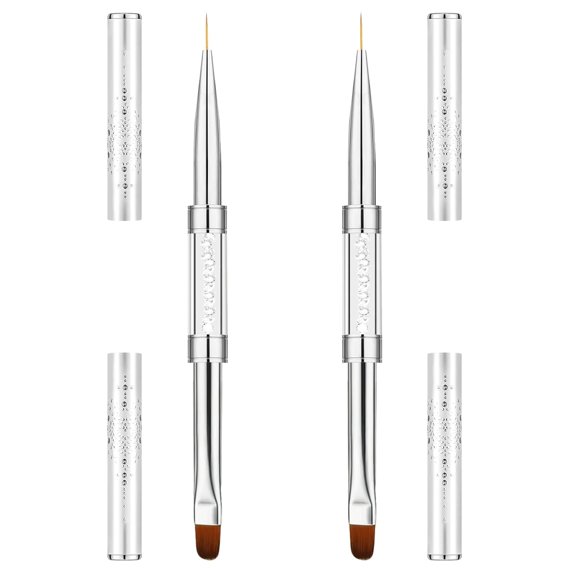 2 Pcs Double-Ended Builder Gel Brush, Hard Gel Nail Brushes Oval French Tip Brush, Liner Brushes for Nails, Rhinestone Handle Nail Drawing Brushes for Design Nail