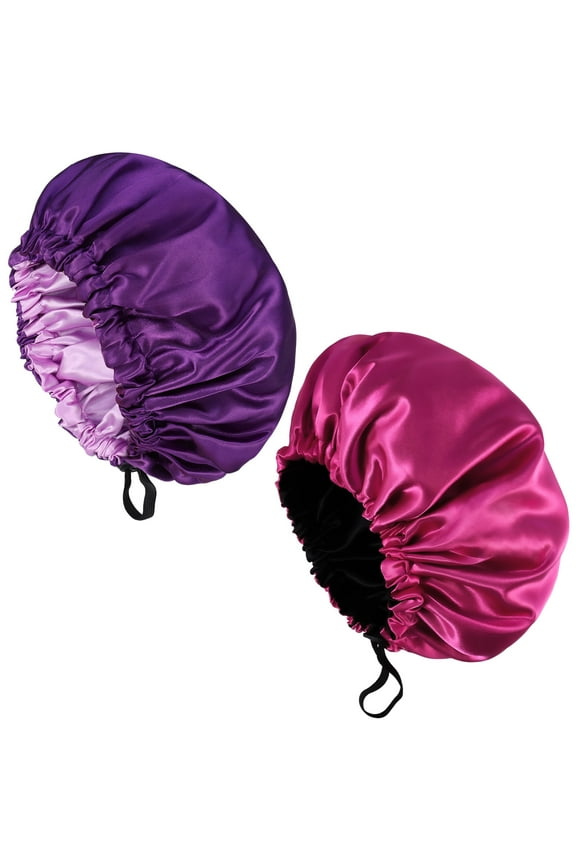 2 Pcs Double Layer Waterproof Silk Bonnet,Adjustable Satin Hair Night Caps,Head Wraps for Women Sleeping Shower Long Hair,Curly Hair(Dark Purple,Rose Red)