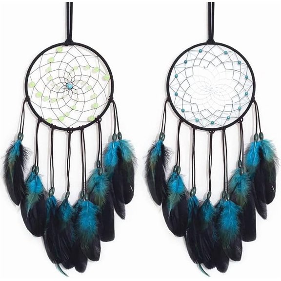 2 Pcs Dream Catchers for Boys, Luminous and Blue Feather Handmade Native Wall Decoration