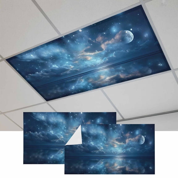 2 Pcs Dreamy Clouds Fluorescent Light Covers Star Sea Sky Horizon Blue Romantic Magnetic Light Covers for Ceiling Lights 4 x 2 ft Drop Ceiling Lights Cover Shade for Office, Home, Hospital