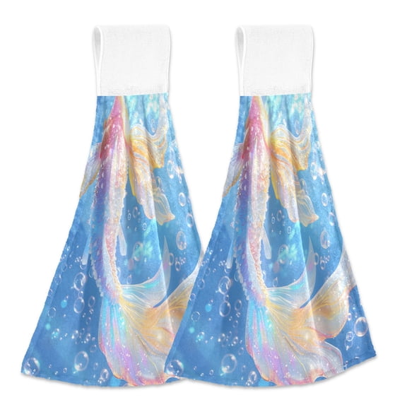 2 Pcs Dreamy Fish Tail Kitchen Hand Towels with Hanging Loops Absorbent Soft Fast Drying Decor Bath Towels