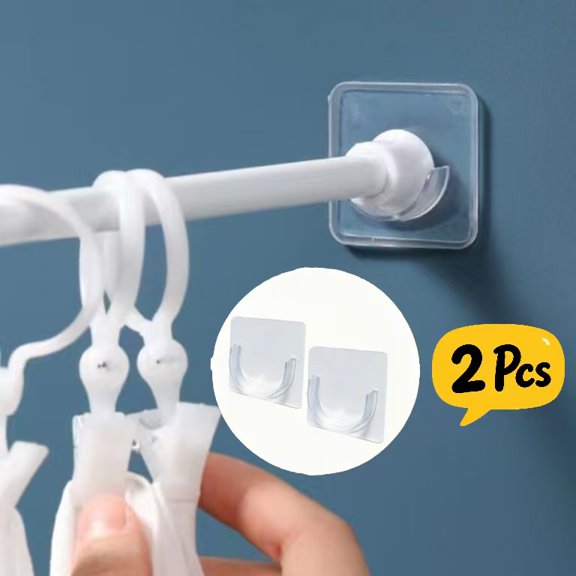 2 Pcs Drill-Free Adhesive Bracket for Shower Tension Rod, Non-Slip Wall Mount Retainer Holder, Bathroom Shower Rod Fixed Support Accessory