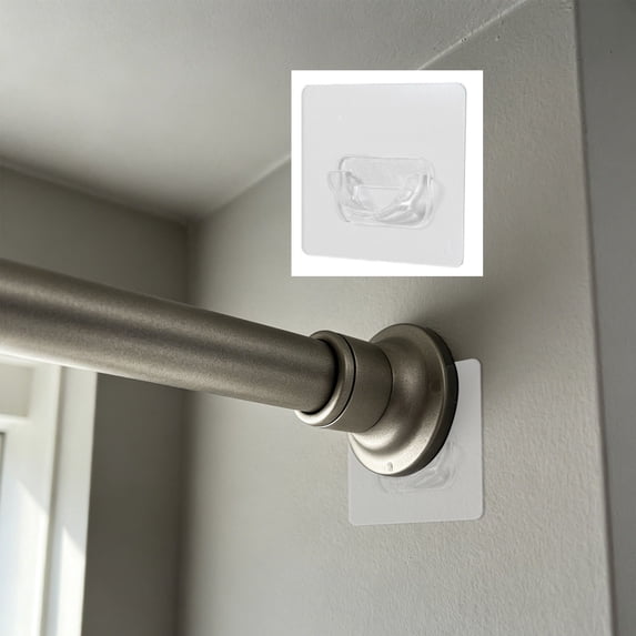 2 Pcs No Drill Tension Rod Brackets, Self Adhesive Curtain Rod Holders, Limit Buckle Rod Limit Transparent Wall Support Hooks, Waterproof Plastic Retainer Clips for Shower Poles, Closet Rods