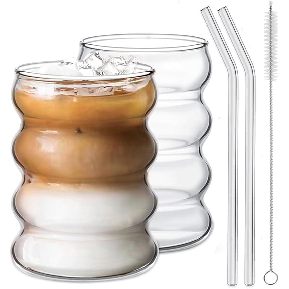 2 Pcs Drinking Glasses with Glass Straw 11oz Glassware Set,Cocktail Glasses,Iced Coffee Glasses,Beer Glasses,Ideal for Water,Soda,Tea,Gift - with Cleaning Brushe