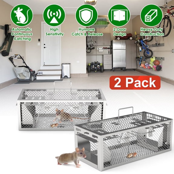 2 Pcs Dual-Door Humane Rat Trap 3S Quick Setup Heavy-Duty Galvanized Iron Continuous Mouse Catching Safe for Pets/Kids Indoor/Outdoor