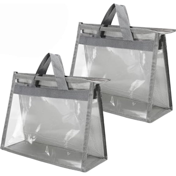 2 Pcs Dust Bags for Handbags, Transparent Purse Protector Bag, Clear Handbag Storage Organizer for Closet, Dust Bag Handbag Purse Storage with Zipper and Handle, Grey, XL Size
