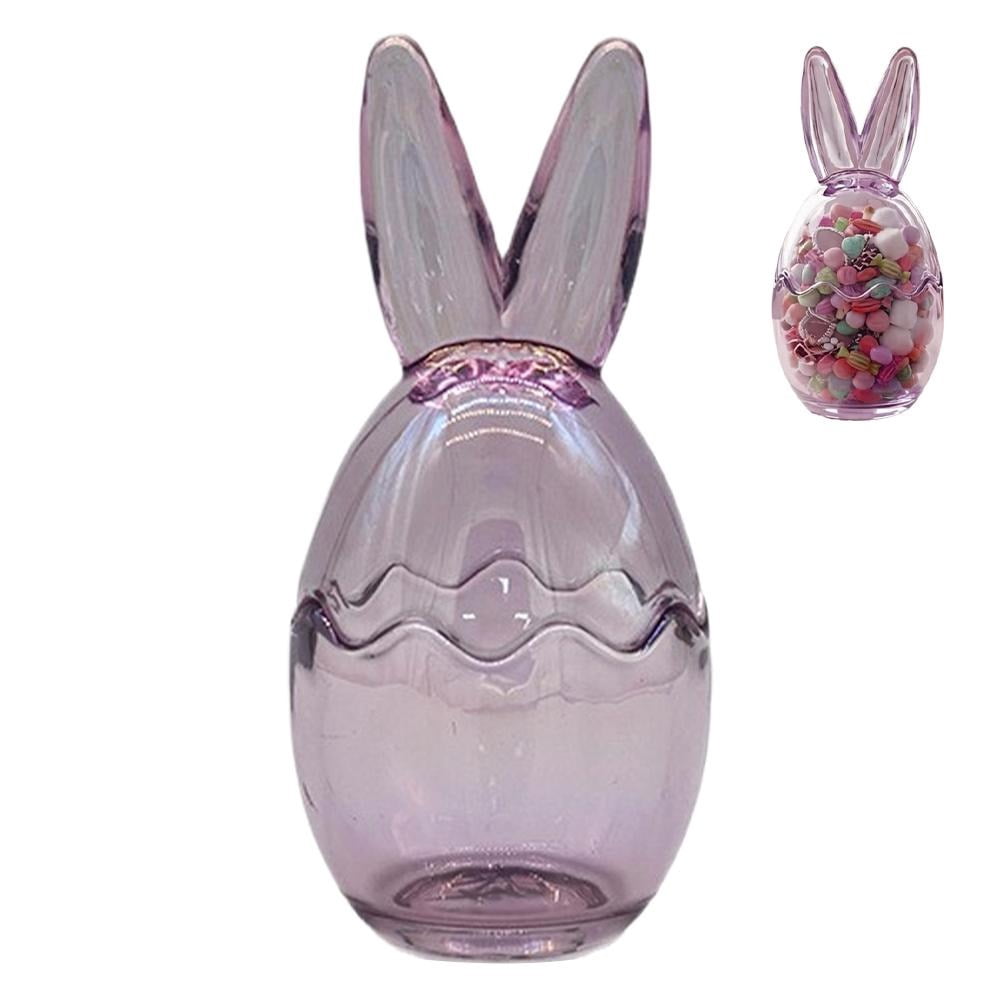 2 Pcs Easter Bunny Ears Glass Candy Jar - Clear Egg Shaped Storage Jars with Removable Lids, Decorative Food Container for Party Treats, Candles & Home Pantry Organization