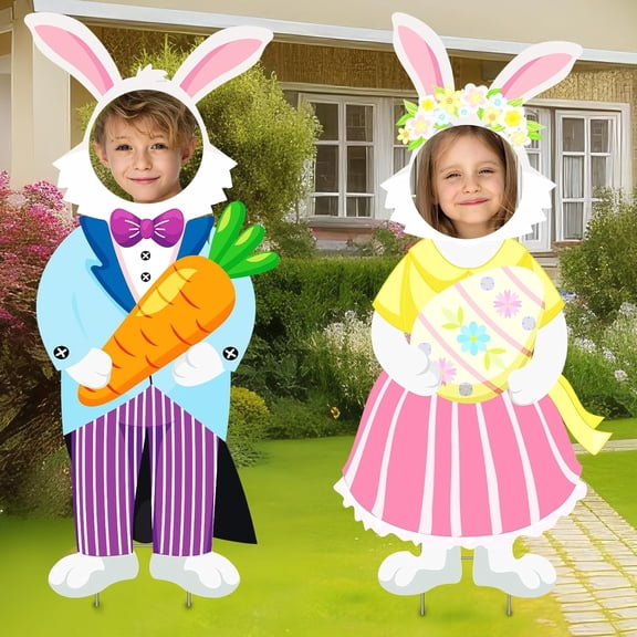 2 Pcs Easter Bunny Face Yard Signs Large Easter Yard Signs Waterproof Easter Egg Hunt Sign with Stakes Egg Carrot Rabbit Easter Yard Outdoor Garden Lawn Stakes Decor, 33.46 x 13.78 Inch