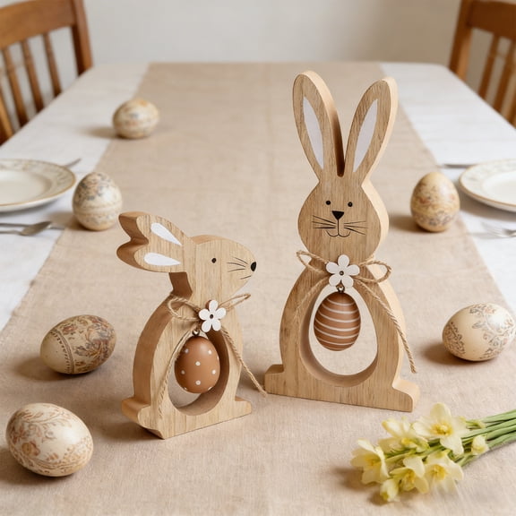 2 Pcs Easter Bunny Table Decor Wooden Signs, Tiered Tray Decor, Rustic Easter Wood Sign, Farmhouse Bunnies Rabbit Dining Table Decorations for Home Party Mantle Shelf Spring Holiday