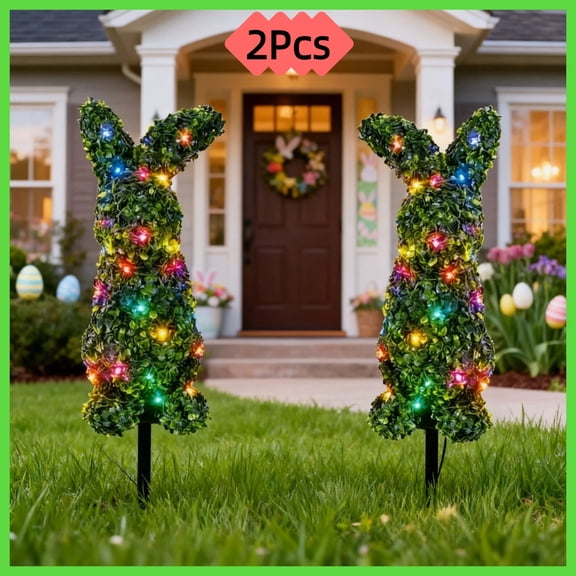 2 Pcs Easter Bunny Topiary, Bunny Shaped Boxwood Topiary with Colorful Lanterns, Rabbit Topiaries Tree for Easter Home Decorations for Porch, UV-Resistant Outdoor Indoor Spring Decor (Green)