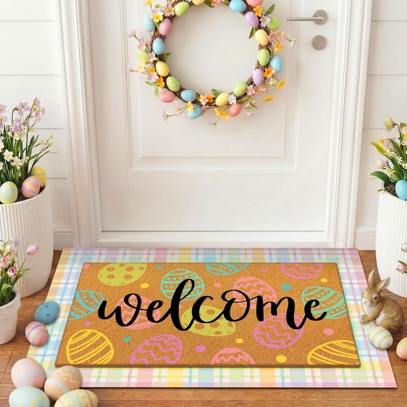 2 Pcs Easter Coir Doormats Welcome Outdoor Easter Egg Door Mats Layered Front Door Rugs Non Slip Floor Mats for Porch Entryway Indoor Outdoor Decor
