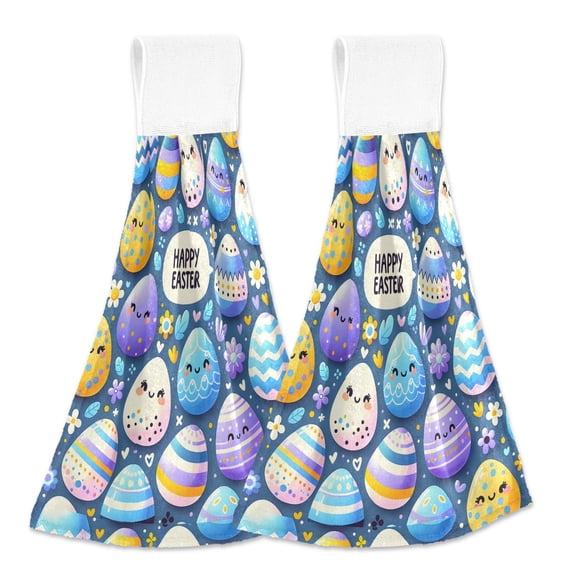 2 Pcs Easter Cute Egg Kitchen Hand Towels with Hanging Loops Absorbent Soft Fast Drying Decor Bath Towels