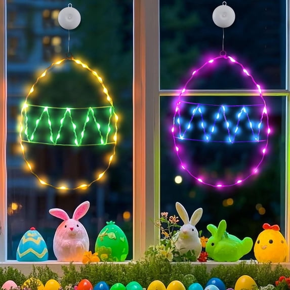 2 Pcs Easter Decor LED Light Egg Shape Window Hanging Yellow Outline Green Wave Strip White Suction Hook Festive Glow Easter Window Decor