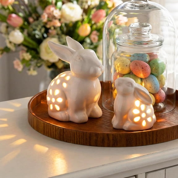2 Pcs Easter Decorations LED Lighted Ceramic Bunny Figurines Light Up Bunny Statue with Cutouts Mother and Baby Rabbit Decor, White Easter Spring Home Decor for Tabletop Centerpiece Gifts
