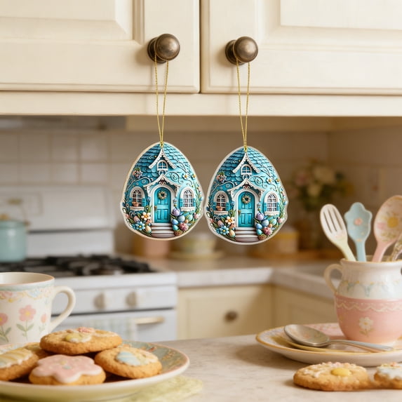 2 Pcs Easter Egg Decorations 2D Flat Fairy Egg House Hanging Ornaments Easter Tree Ornaments for Tree Door Wreath Home Office Party Supplies