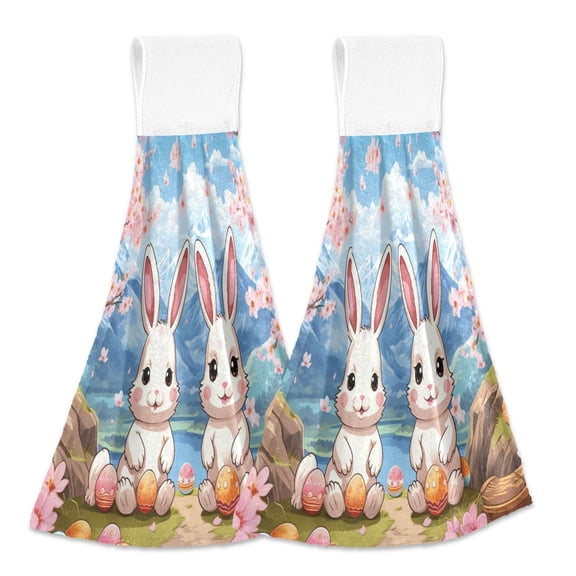 2 Pcs Easter Egg and Cute Rabbit Kitchen Hand Towels with Hanging Loops Absorbent Soft Fast Drying Decor Bath Towels