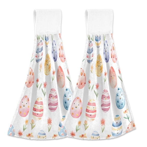 2 Pcs Easter Egg and Flower Kitchen Hand Towels with Hanging Loops Absorbent Soft Fast Drying Decor Bath Towels