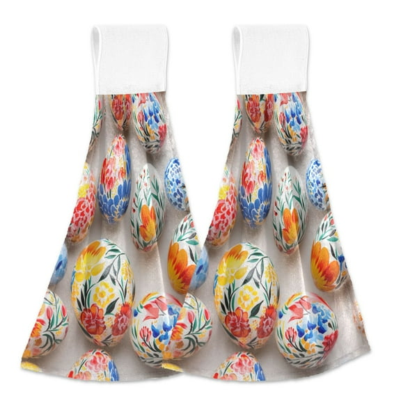2 Pcs Easter Eggs Painting Flower Kitchen Hand Towels with Hanging Loops Absorbent Soft Fast Drying Decor Bath Towels