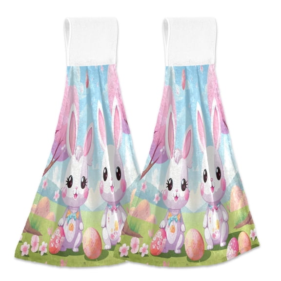 2 Pcs Easter Eggs and Couple Rabbit Kitchen Hand Towels with Hanging Loops Absorbent Soft Fast Drying Decor Bath Towels