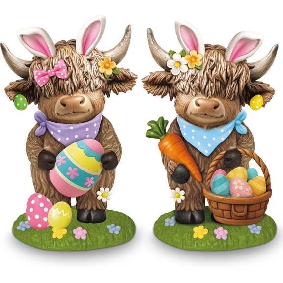 2 Pcs Easter Highland Cow Figurines Spring Easter Egg Bunny Gnomes Rabbit Scottish Resin Statue Calf Lovers Gifts for Home Garden Kitchen Office Tiered Tray Table Decor